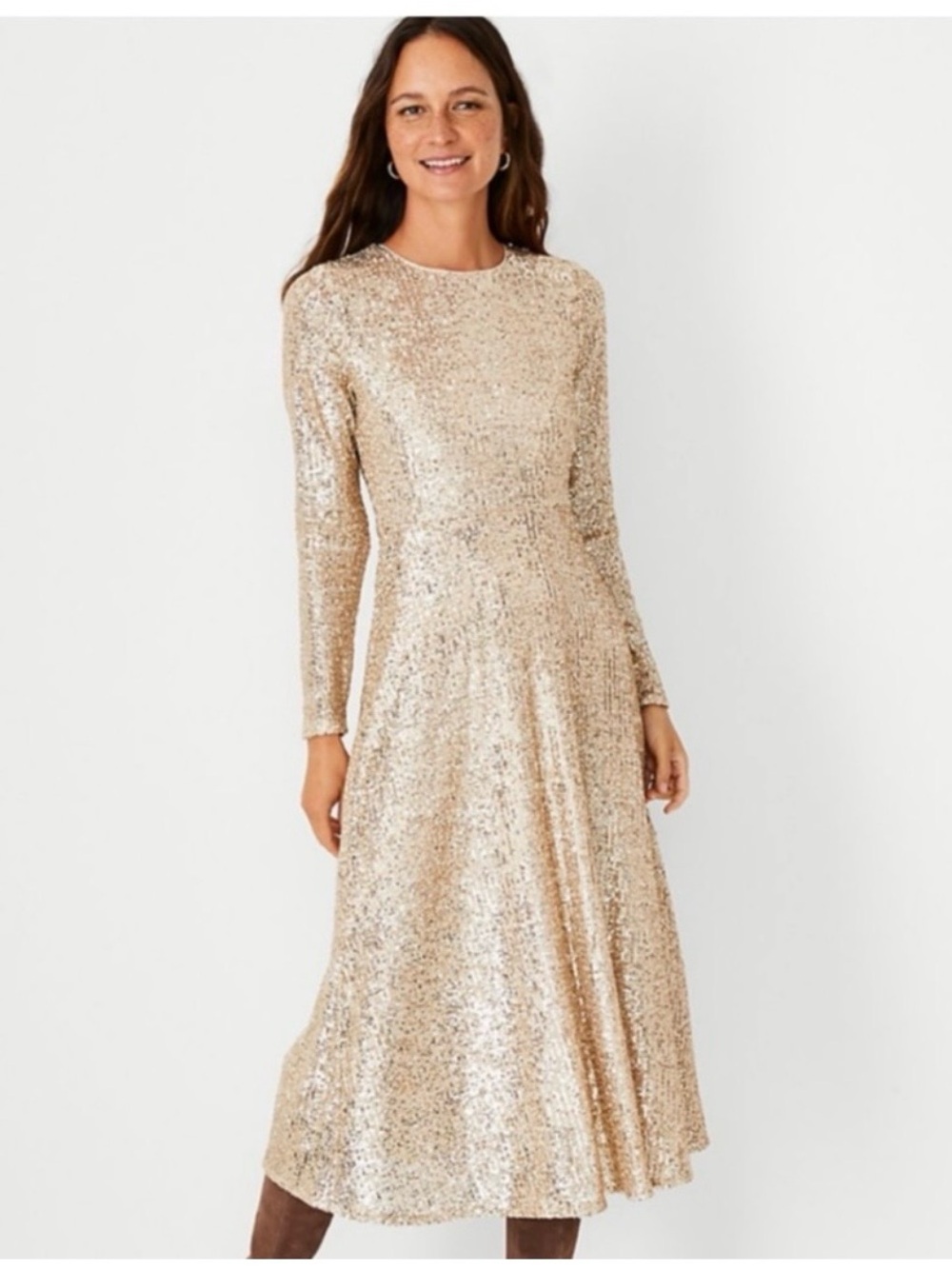 Ann Taylor Long Sleeve Sequin Midi Dress in Champagne Gold